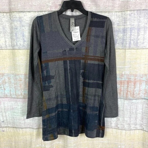 Go Couture Printed V-Neck Tunic Sweater in Charcoal Dark Blocks Size M - Picture 3 of 8